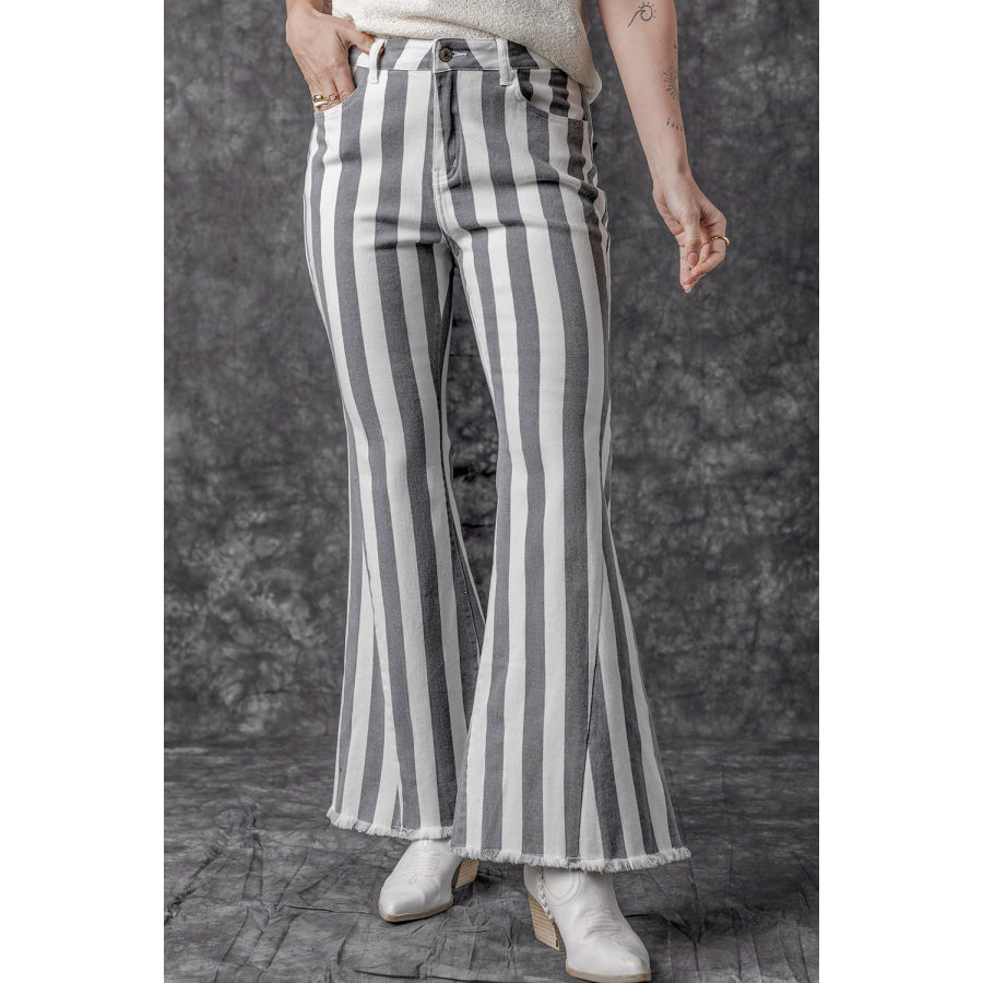 Raw Hem Star Applique Striped Jeans Apparel and Accessories