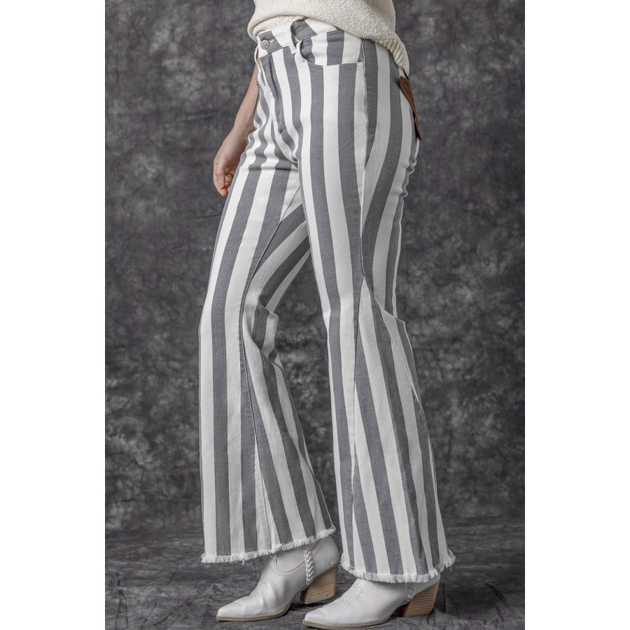 Raw Hem Star Applique Striped Jeans Apparel and Accessories