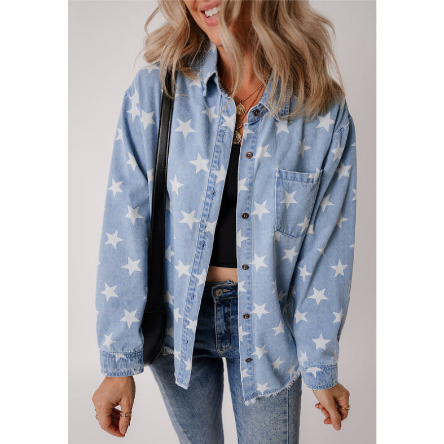 Raw Hem Star Collared Neck Denim Top Apparel and Accessories