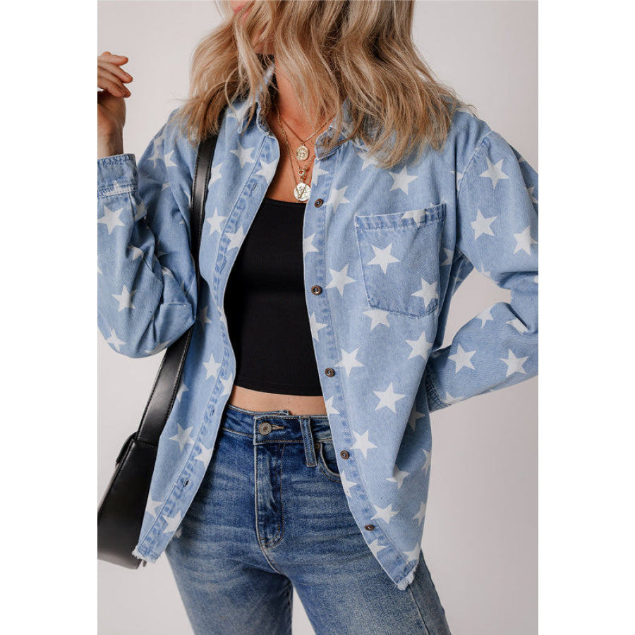 Raw Hem Star Collared Neck Denim Top Apparel and Accessories