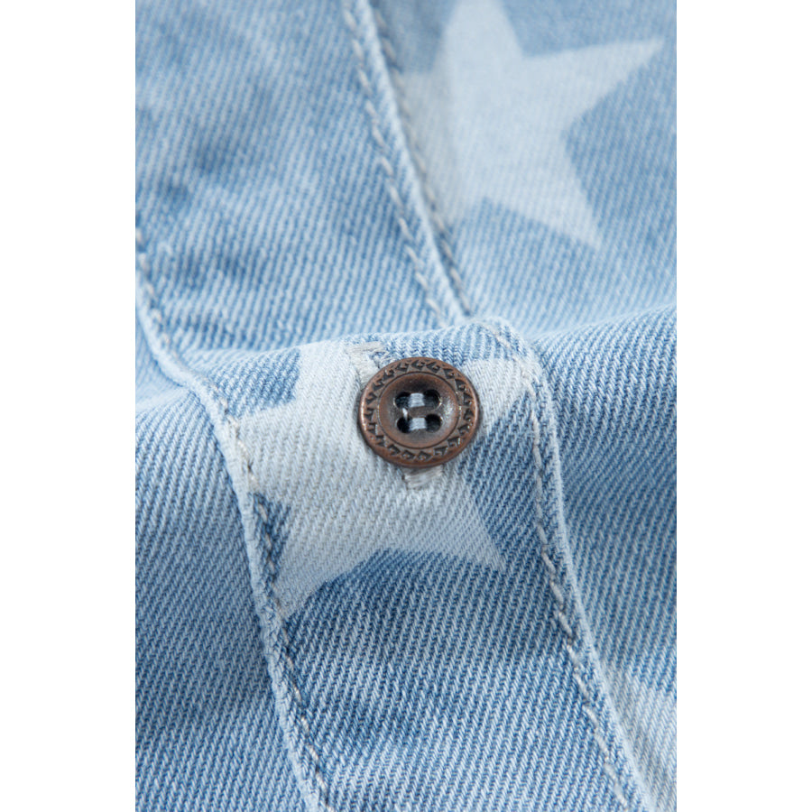 Raw Hem Star Collared Neck Denim Top Apparel and Accessories