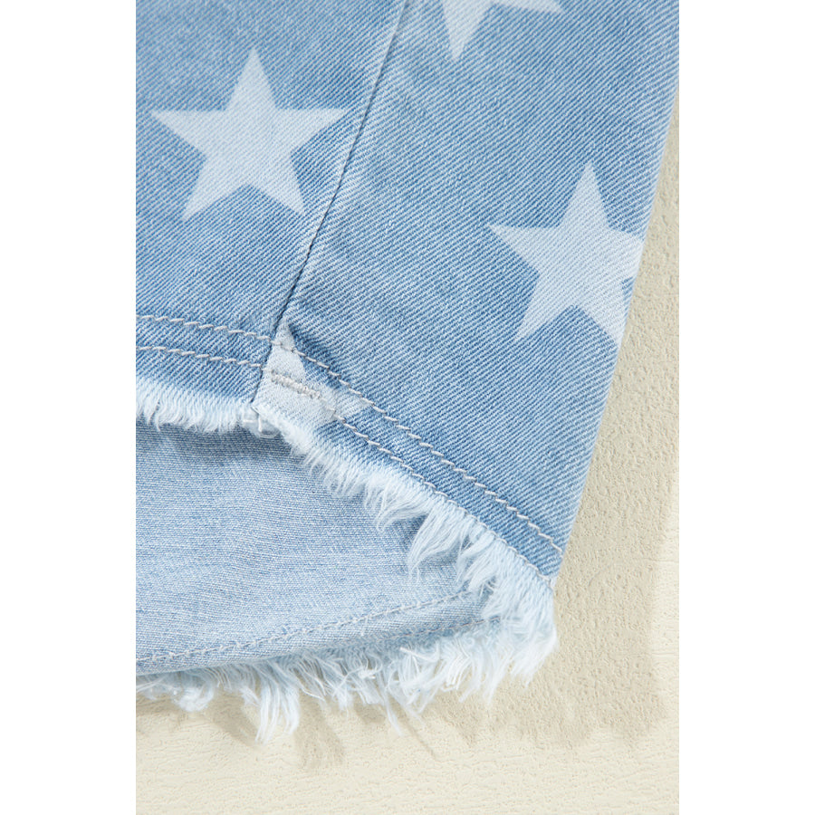 Raw Hem Star Collared Neck Denim Top Apparel and Accessories