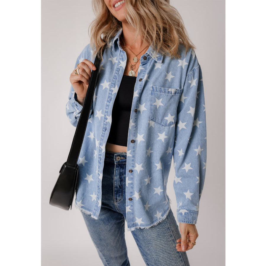 Raw Hem Star Collared Neck Denim Top Apparel and Accessories