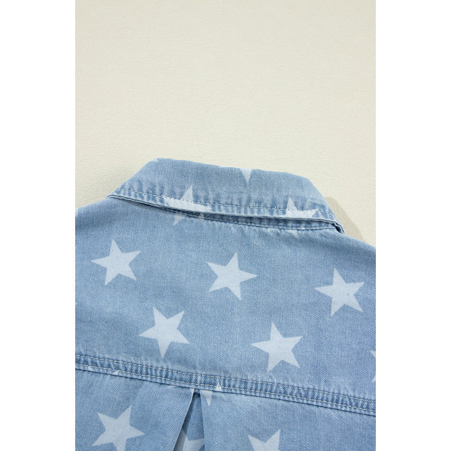 Raw Hem Star Collared Neck Denim Top Apparel and Accessories