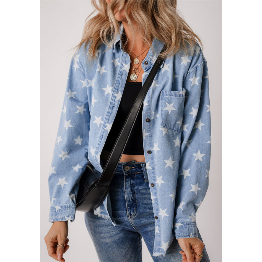 Raw Hem Star Collared Neck Denim Top Apparel and Accessories