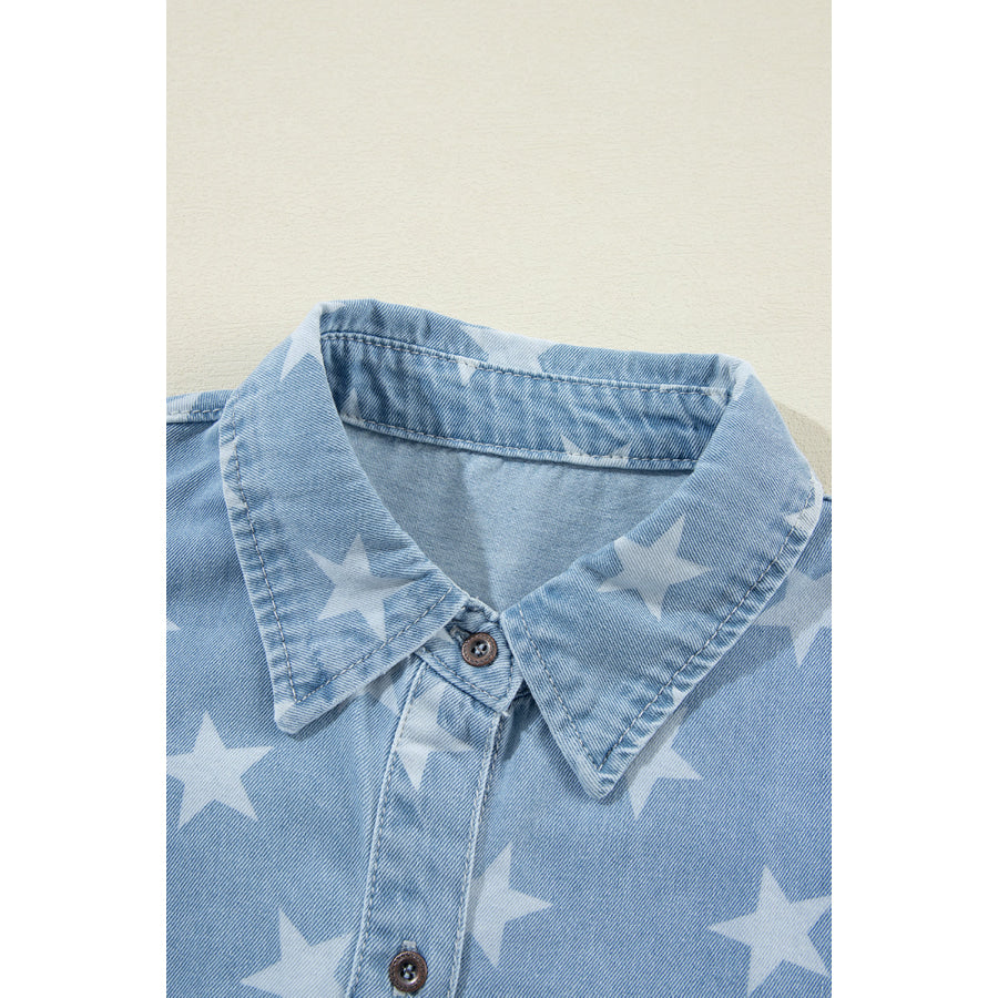 Raw Hem Star Collared Neck Denim Top Apparel and Accessories