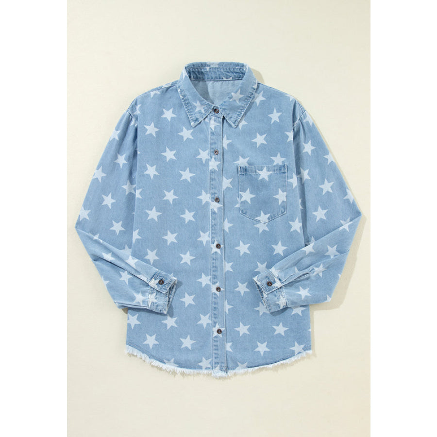 Raw Hem Star Collared Neck Denim Top Apparel and Accessories