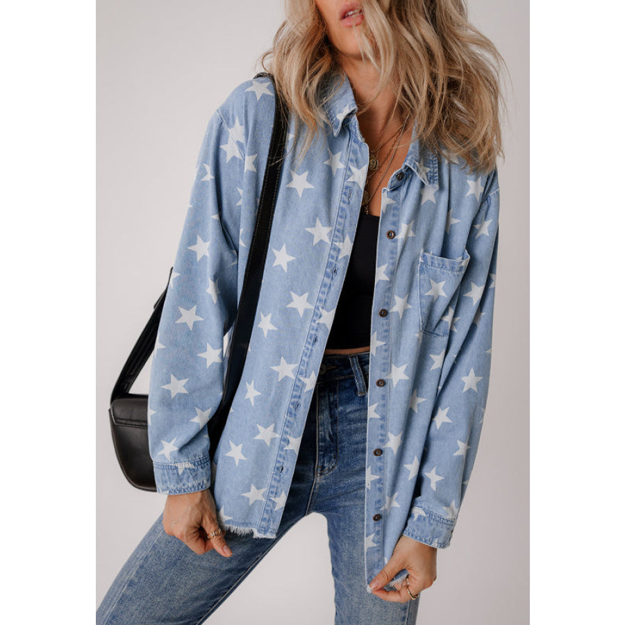 Raw Hem Star Collared Neck Denim Top Apparel and Accessories