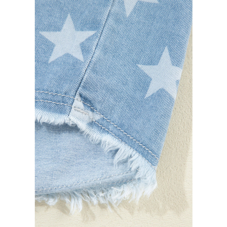 Raw Hem Star Collared Neck Denim Top Apparel and Accessories