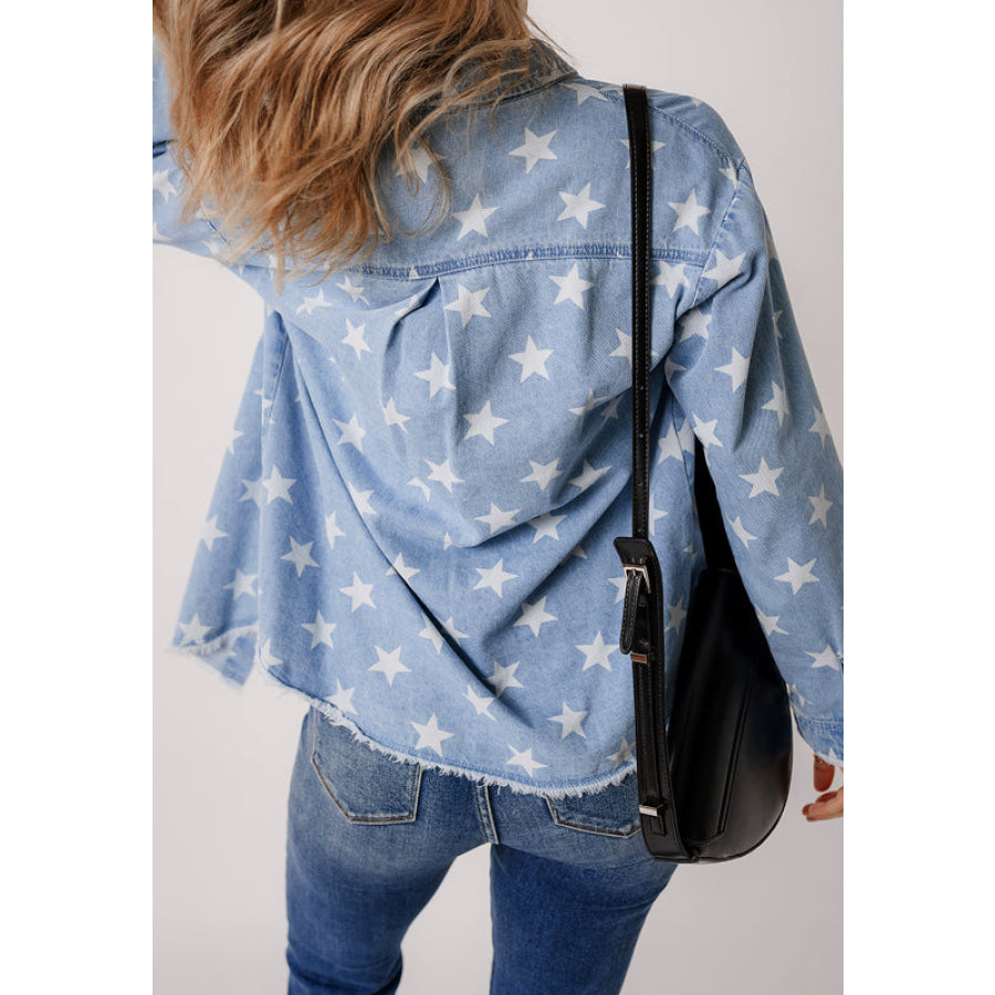 Raw Hem Star Collared Neck Denim Top Apparel and Accessories