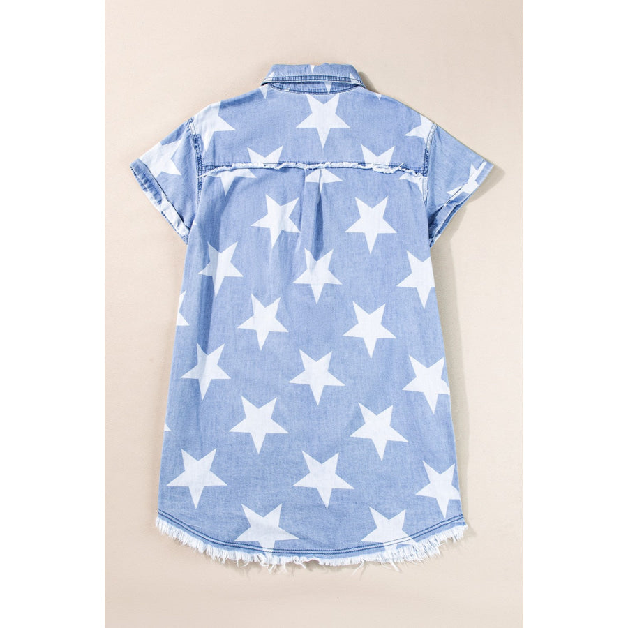 Raw Hem Star Short Sleeve Denim Dress Apparel and Accessories