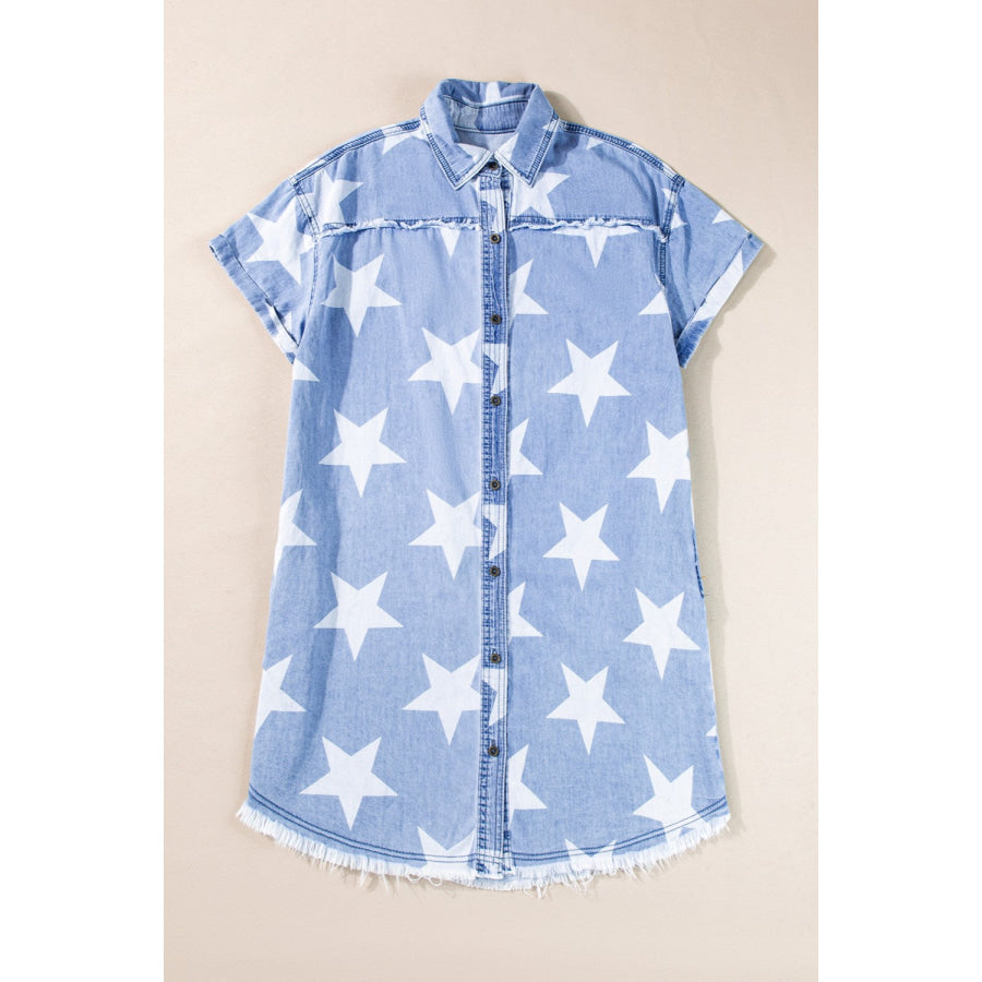 Raw Hem Star Short Sleeve Denim Dress Apparel and Accessories