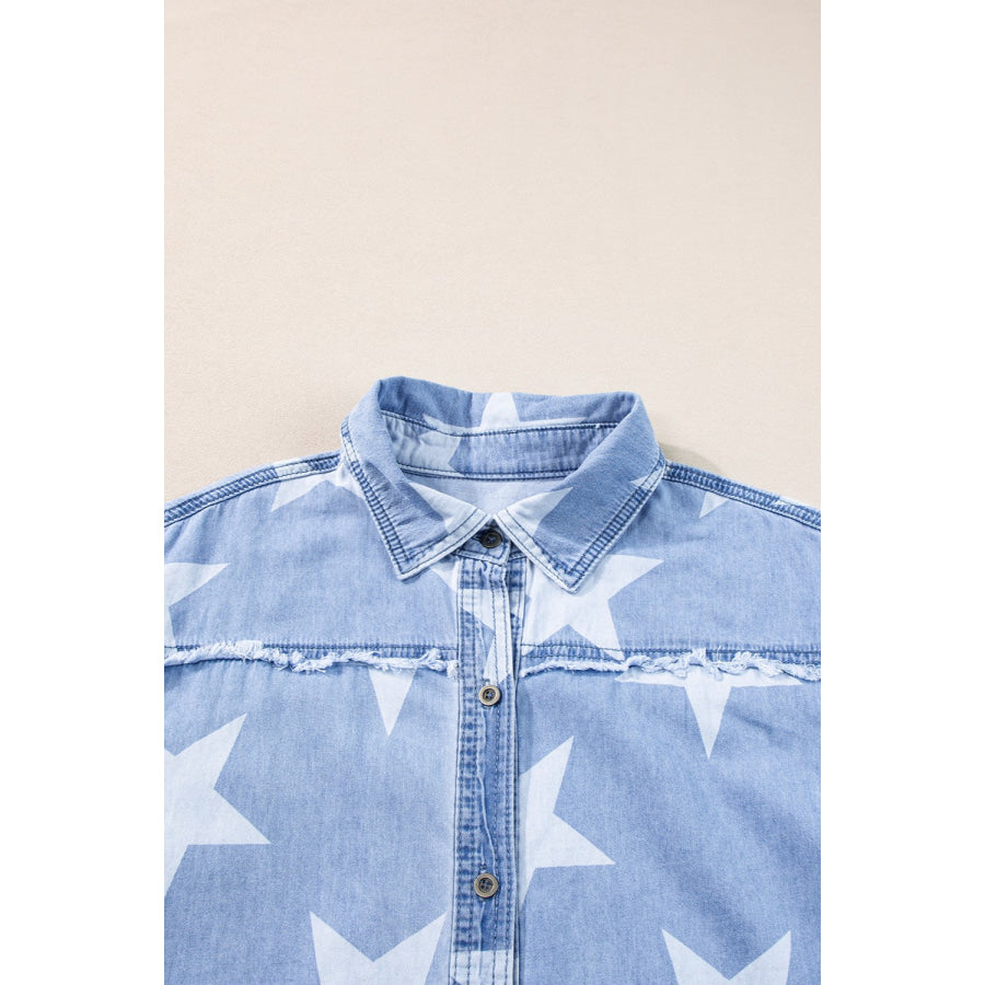 Raw Hem Star Short Sleeve Denim Dress Apparel and Accessories