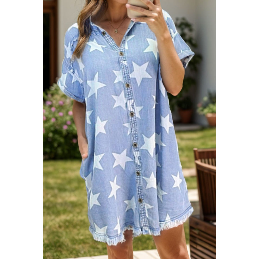 Raw Hem Star Short Sleeve Denim Dress Light Blue / S Apparel and Accessories