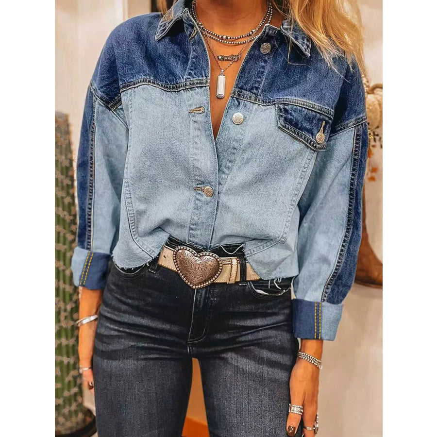 Raw Hem Two-Tone Denim Jacket Blue / XS Apparel and Accessories