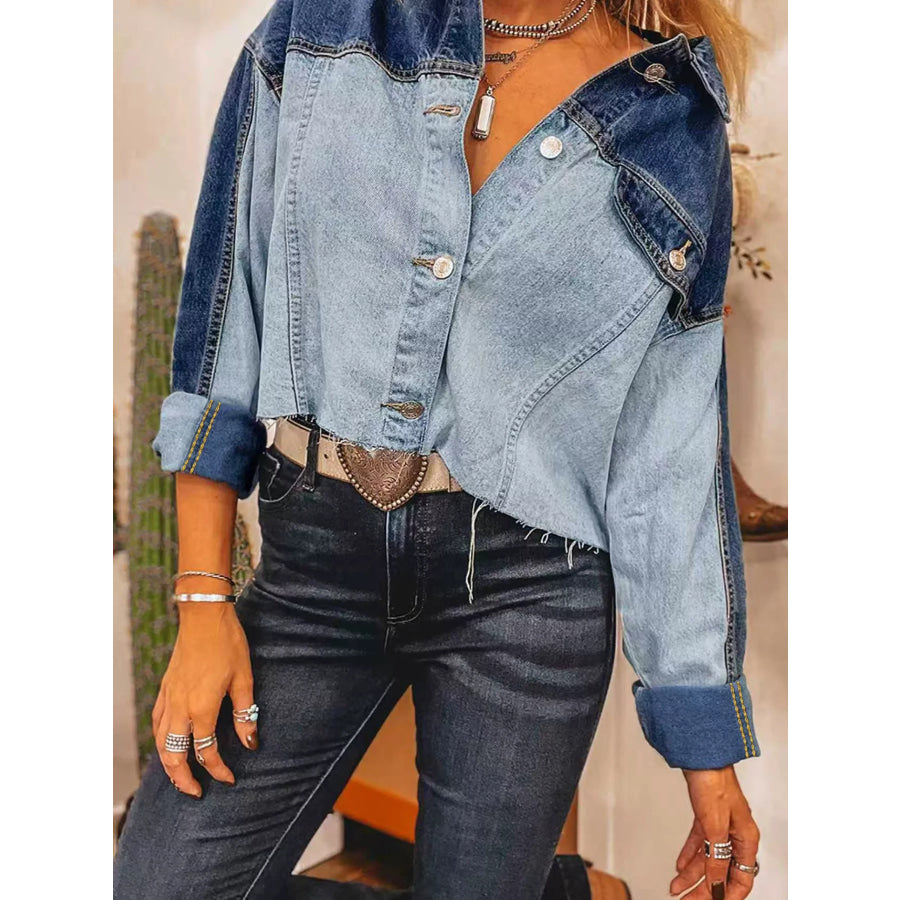 Raw Hem Two-Tone Denim Jacket Blue / XS Apparel and Accessories
