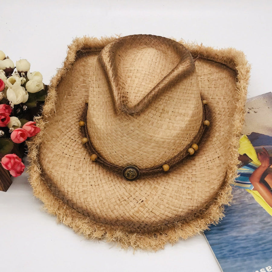 Raw Hem Wide Brim Straw Woven Hat Tan / One Size Apparel and Accessories