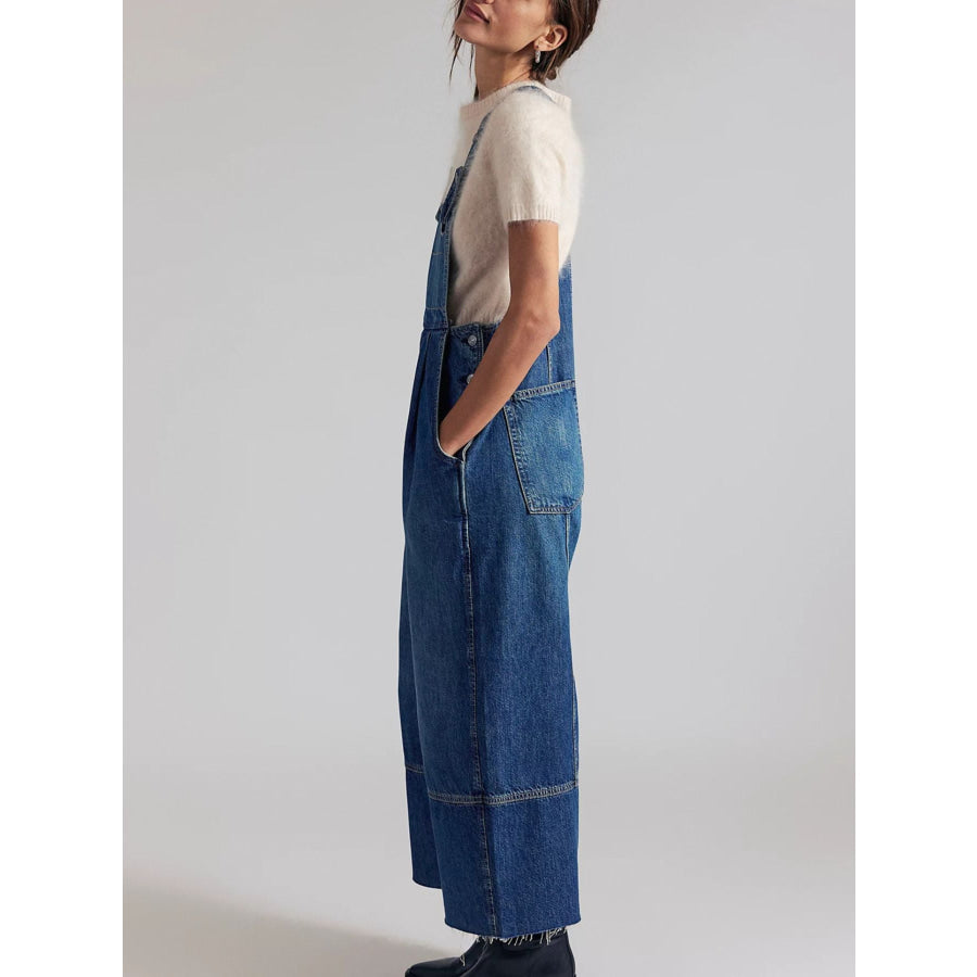 Raw Hem Wide-Leg Denim Overalls Apparel and Accessories