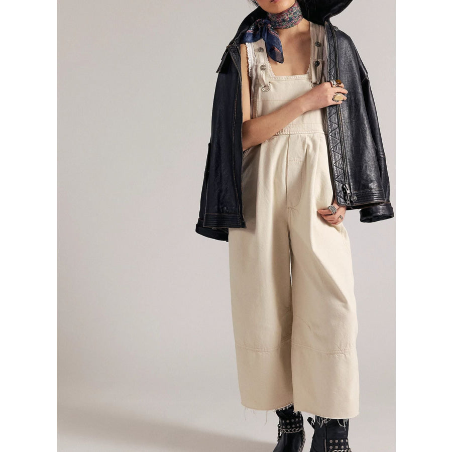 Raw Hem Wide-Leg Denim Overalls Beige / S Apparel and Accessories