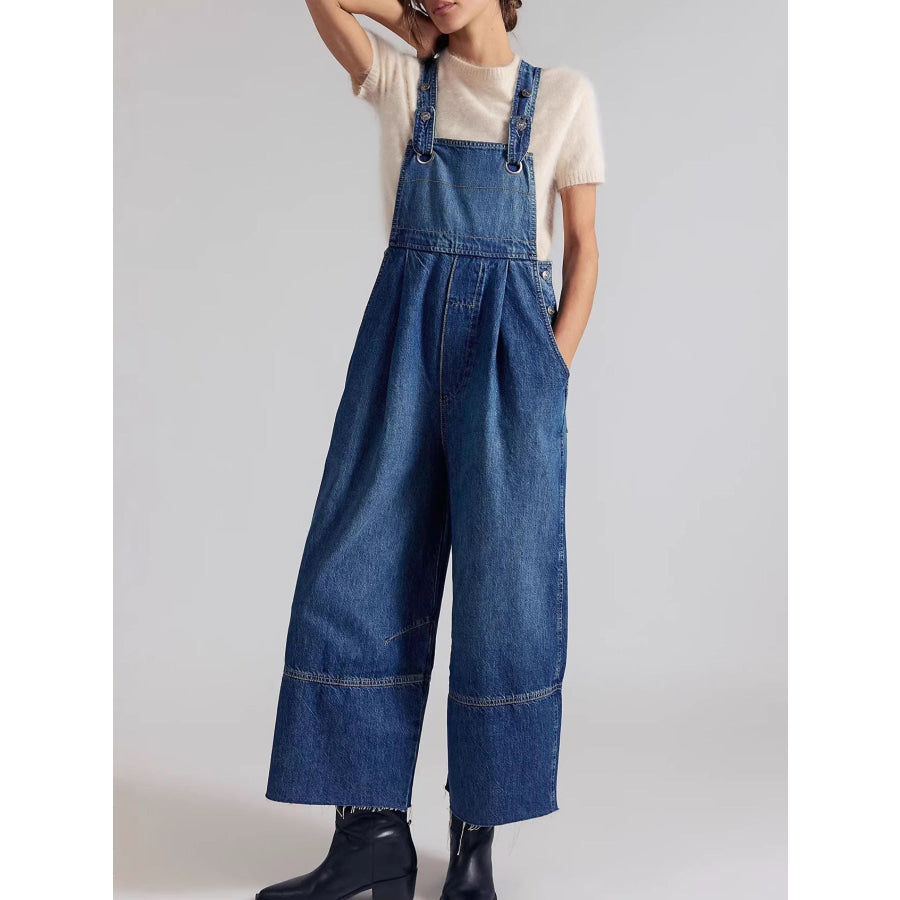 Raw Hem Wide-Leg Denim Overalls Dusty Blue / S Apparel and Accessories