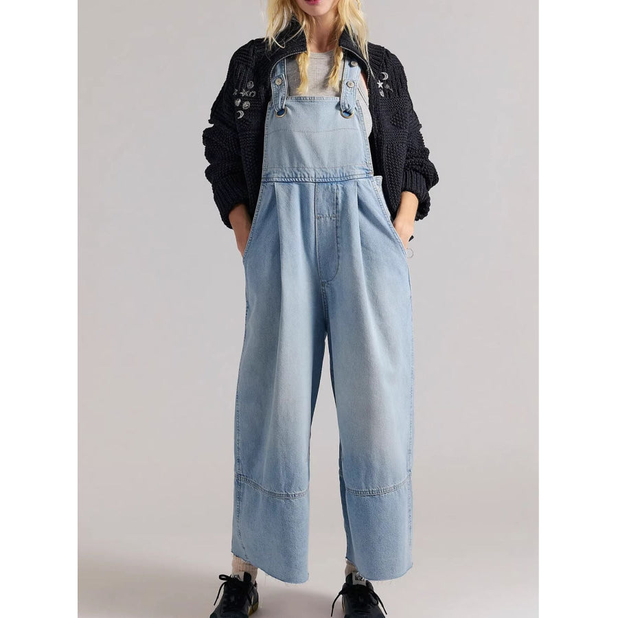 Raw Hem Wide-Leg Denim Overalls Light Blue / S Apparel and Accessories