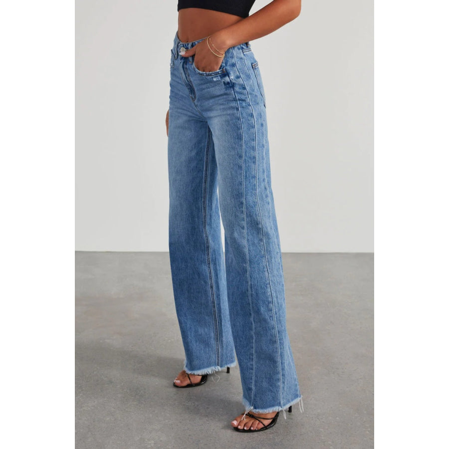 Raw Hem Wide Leg Jeans with Pockets Apparel and Accessories