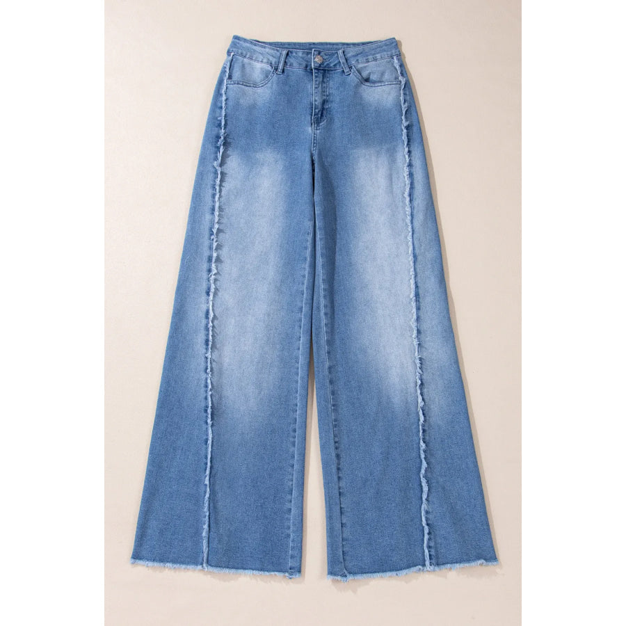 Raw Hem Wide Leg Jeans with Pockets Apparel and Accessories