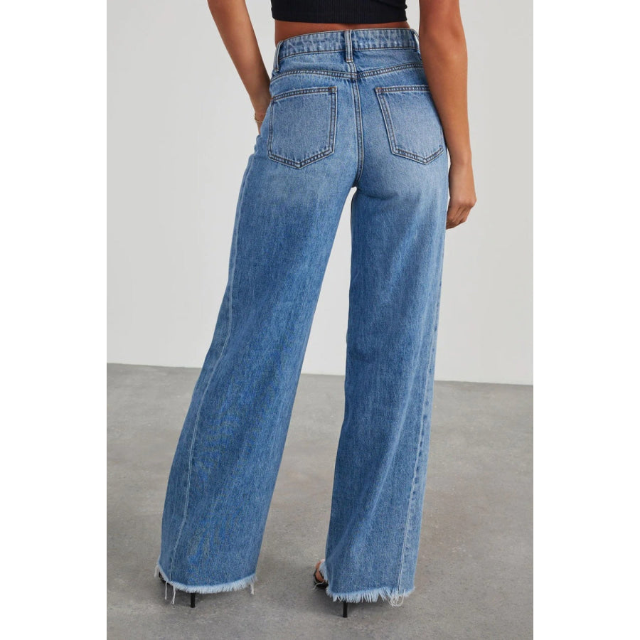 Raw Hem Wide Leg Jeans with Pockets Apparel and Accessories