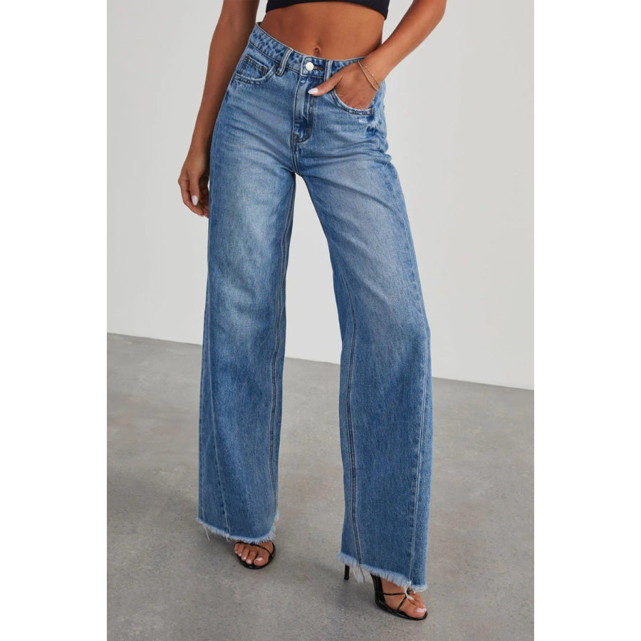 Raw Hem Wide Leg Jeans with Pockets Apparel and Accessories