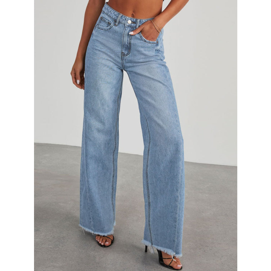 Raw Hem Wide Leg Jeans with Pockets Light / S Apparel and Accessories