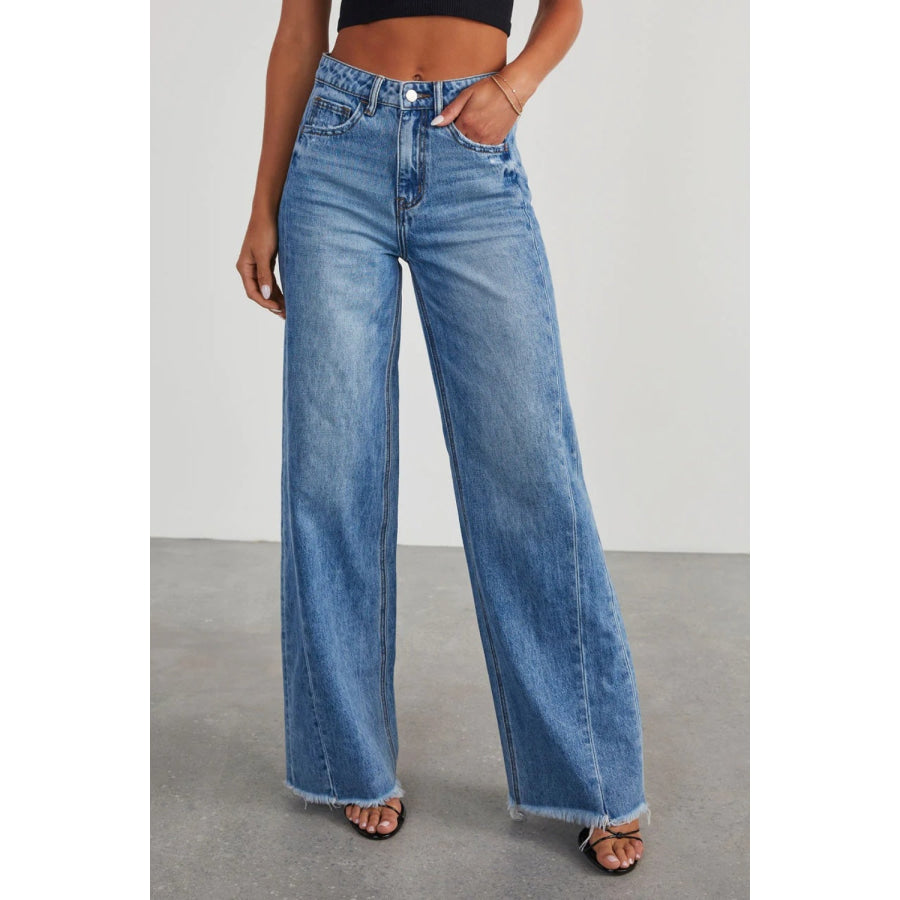 Raw Hem Wide Leg Jeans with Pockets Medium / S Apparel and Accessories