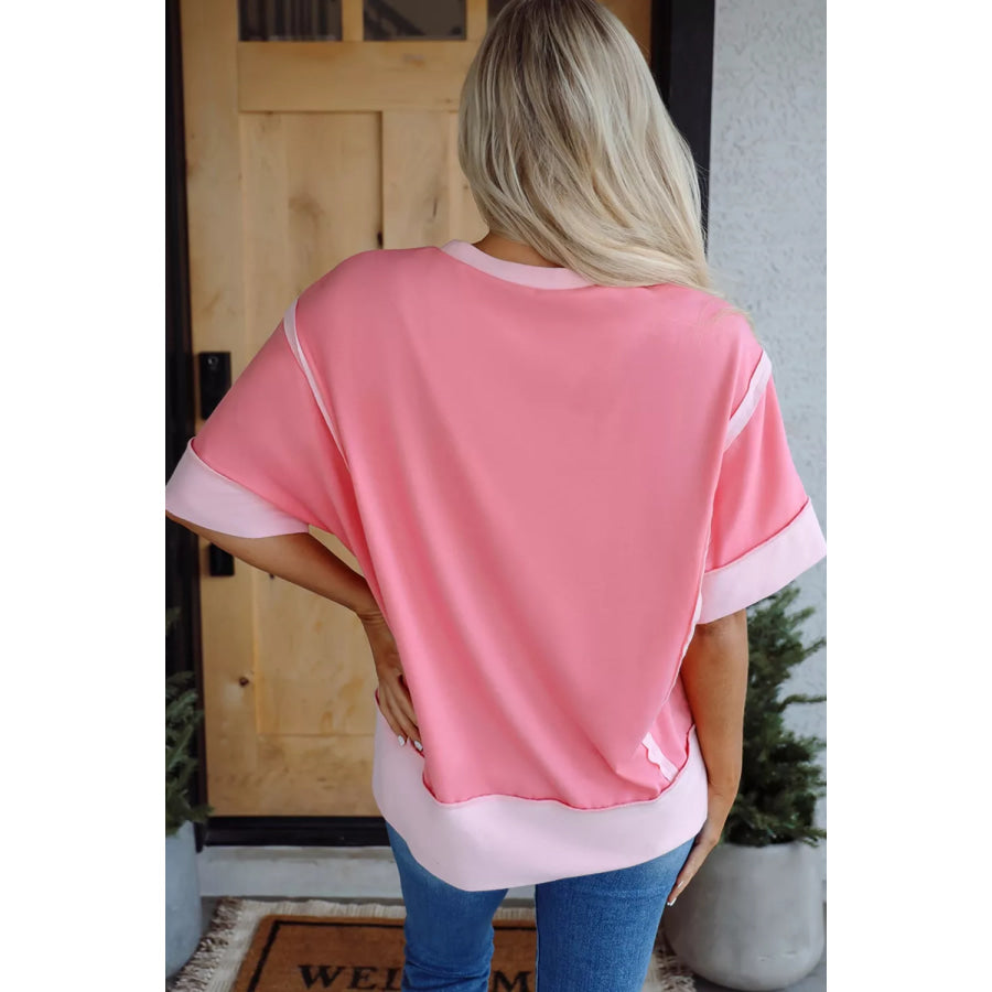 Raw Seam Color Block Sequin Cherry Graphic Casual Shift Top Apparel and Accessories