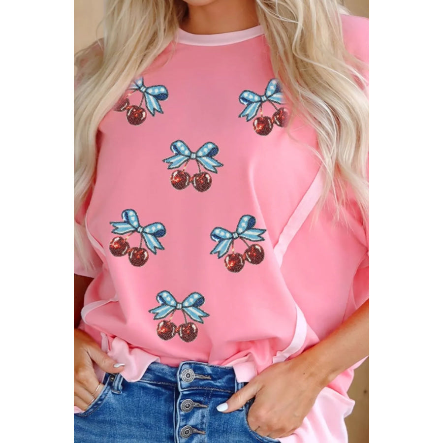 Raw Seam Color Block Sequin Cherry Graphic Casual Shift Top Apparel and Accessories