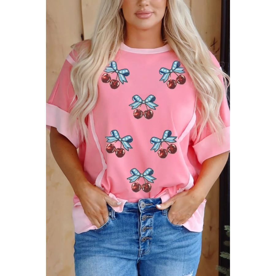 Raw Seam Color Block Sequin Cherry Graphic Casual Shift Top Apparel and Accessories