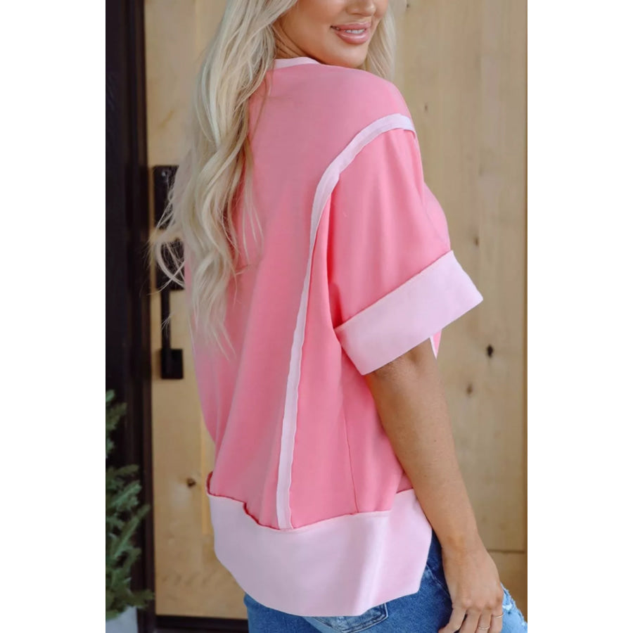 Raw Seam Color Block Sequin Cherry Graphic Casual Shift Top Apparel and Accessories