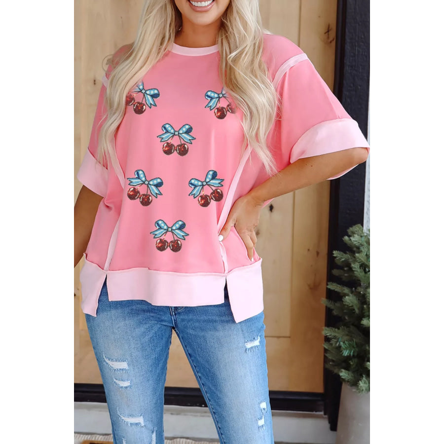 Raw Seam Color Block Sequin Cherry Graphic Casual Shift Top Apparel and Accessories