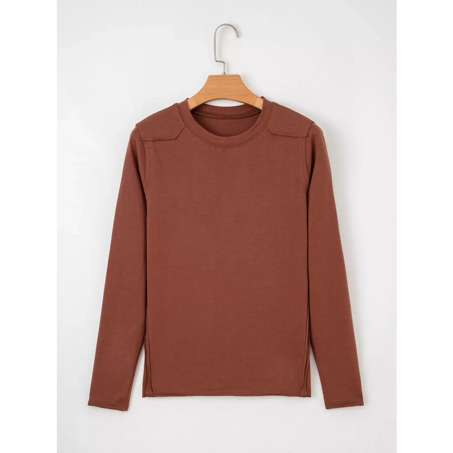 Raw Seam Detail Solid Color Long Sleeve Top Apparel and Accessories