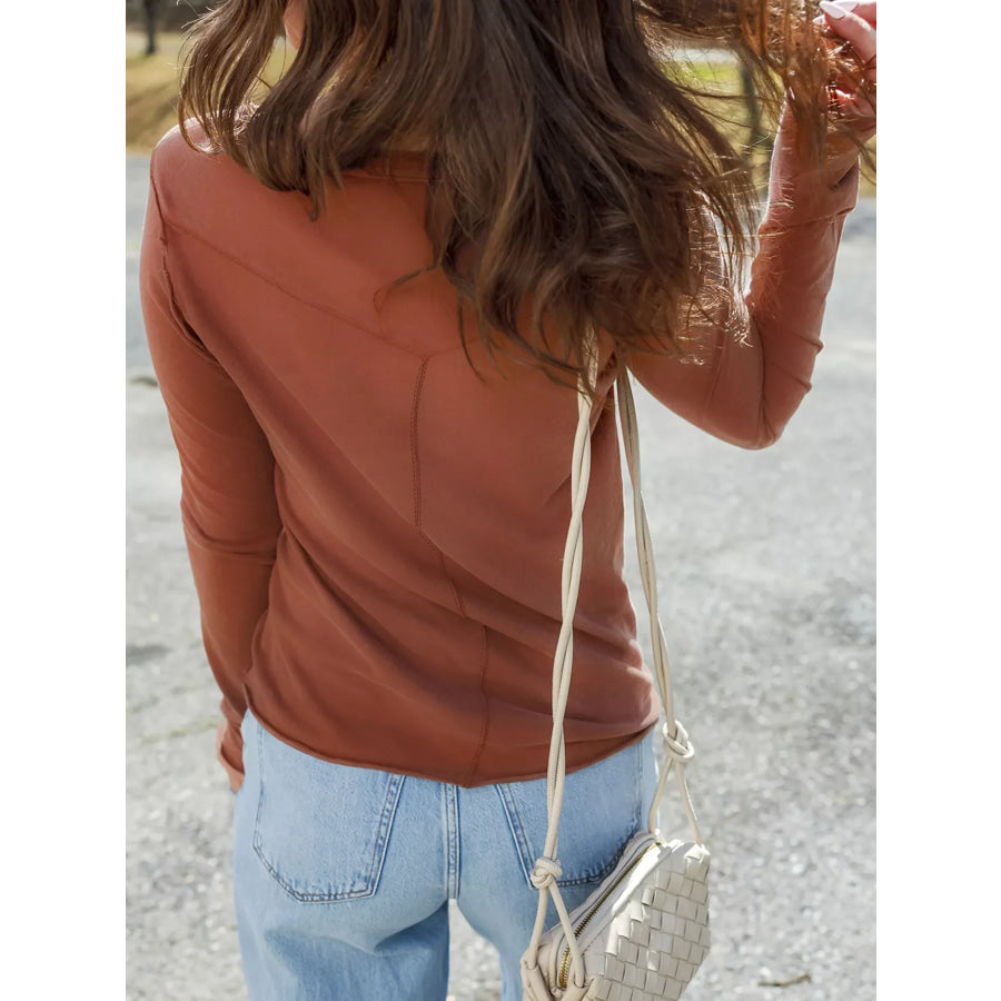 Raw Seam Detail Solid Color Long Sleeve Top Apparel and Accessories