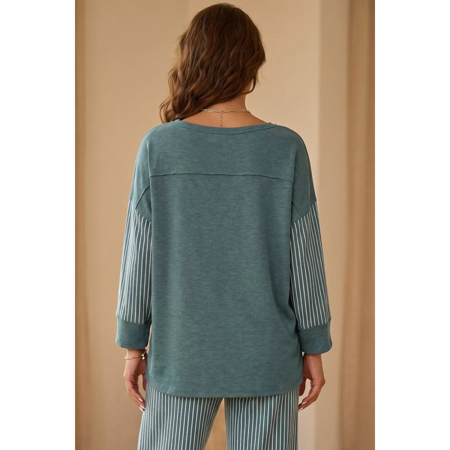 Raw Seam Patchwork Long Sleeve Top Pocket Casual Pants 2pcs Set Apparel and Accessories