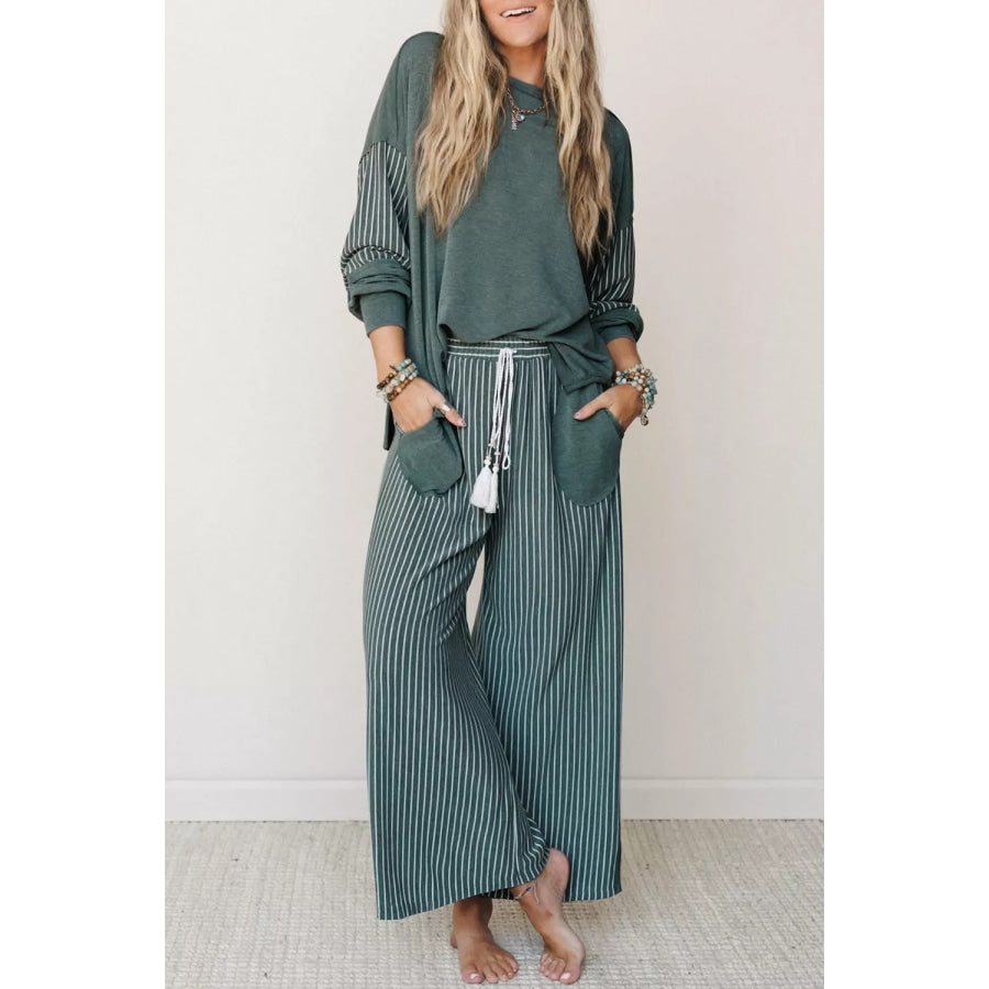 Raw Seam Patchwork Long Sleeve Top Pocket Casual Pants 2pcs Set Apparel and Accessories