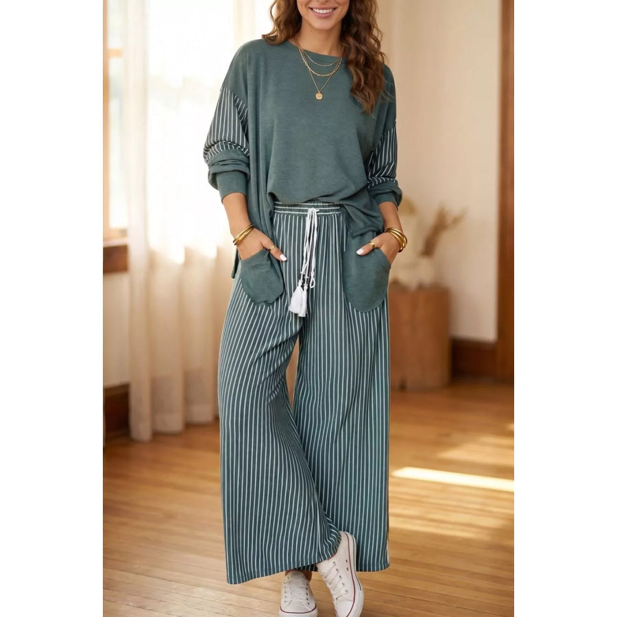 Raw Seam Patchwork Long Sleeve Top Pocket Casual Pants 2pcs Set Apparel and Accessories