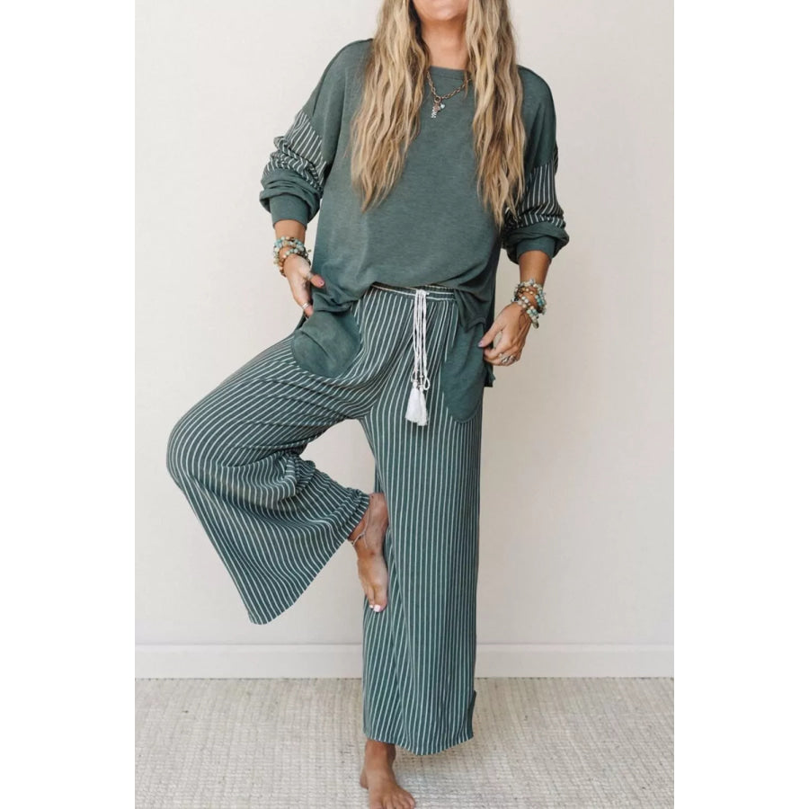 Raw Seam Patchwork Long Sleeve Top Pocket Casual Pants 2pcs Set French Blue / S Apparel and Accessories