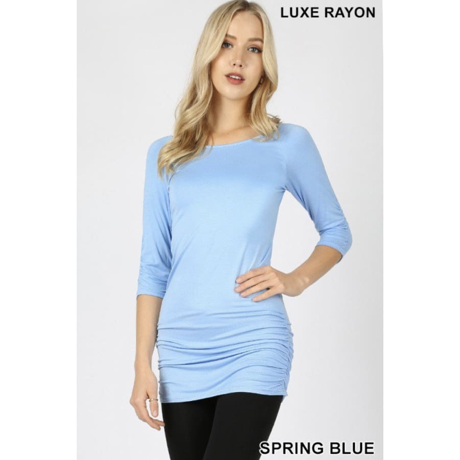 Rayon 3/4 Sleeve Tunic with Shirring XL / Spring Blue Tops