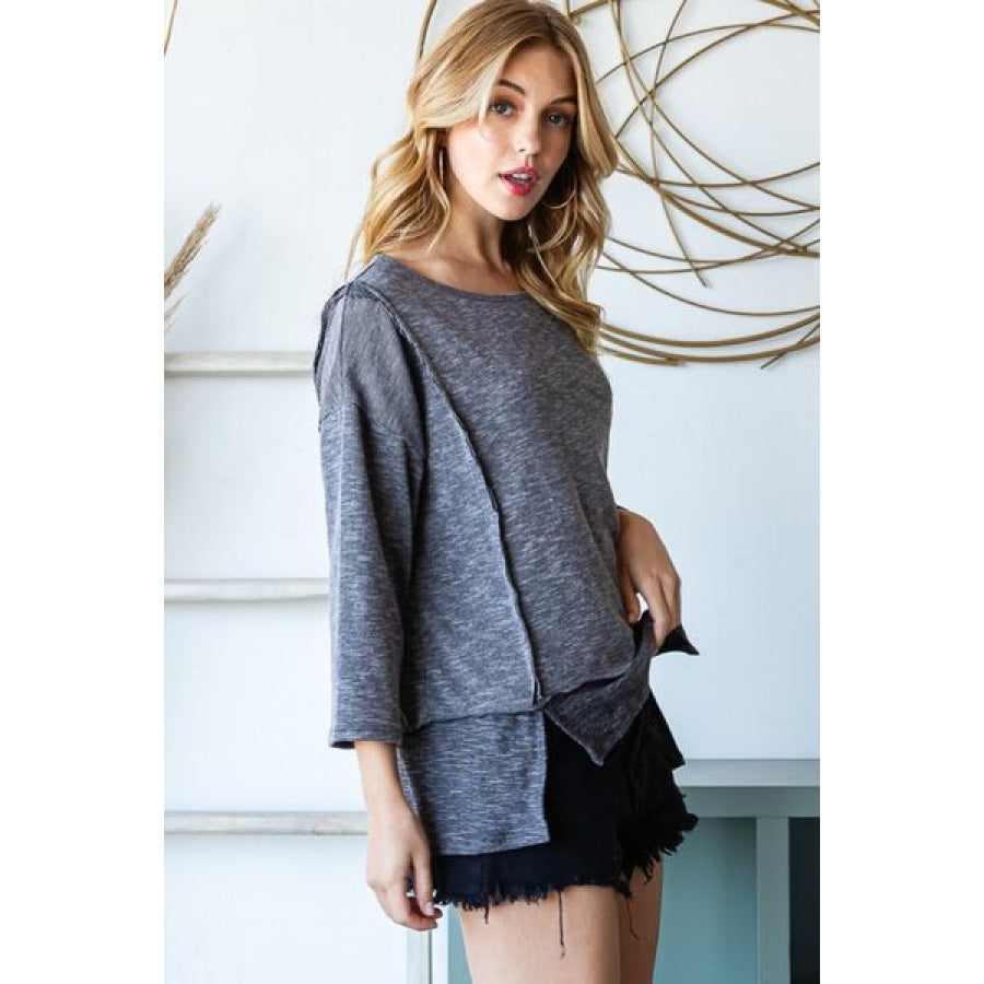 Reborn J Boat Neck Exposed Seam Slit Top VINTAGE BLACK / S Apparel and Accessories