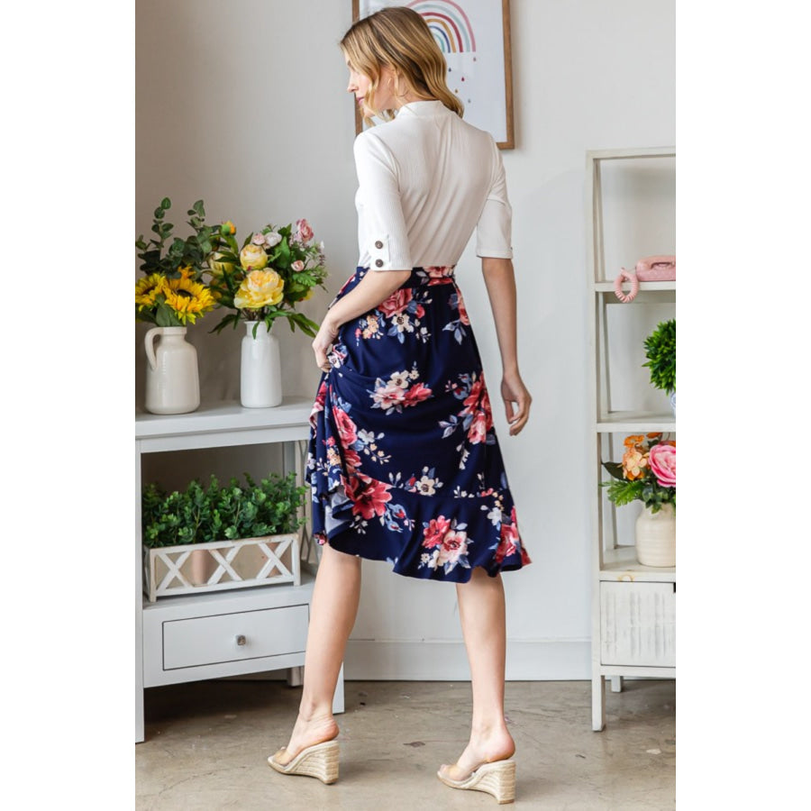 Reborn J Floral Wrap Ruffled Skirt Navy / S Apparel and Accessories