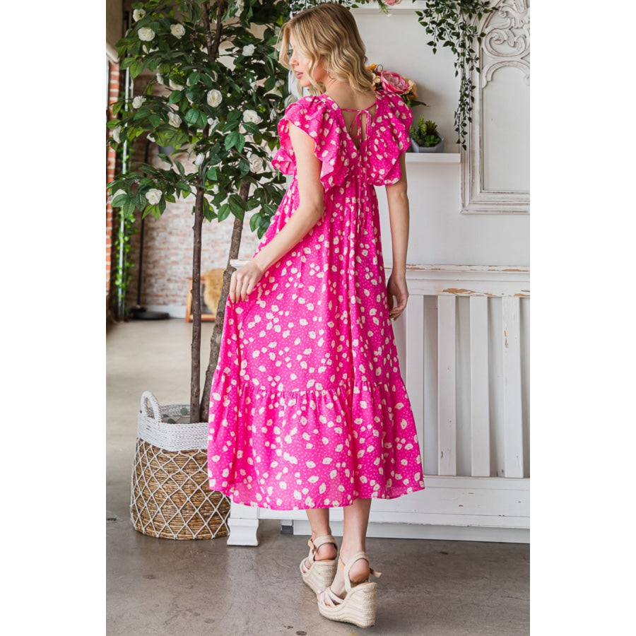Reborn J Printed V - Neck Ruffle Trim Tiered Midi Dress Fuchsia / S Apparel and Accessories