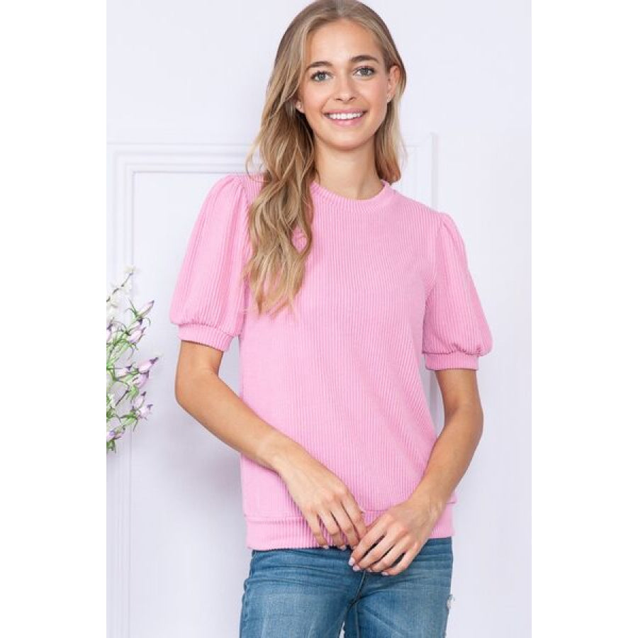 Reborn J Ribbed Round Neck Short Sleeve Top PINK / S Apparel and Accessories