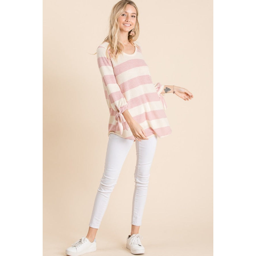 Reborn J Ribbon Cuff Contrast Striped Hacci Top Apparel and Accessories