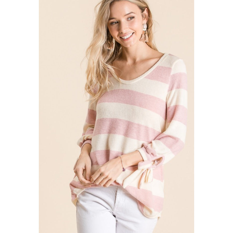 Reborn J Ribbon Cuff Contrast Striped Hacci Top Apparel and Accessories