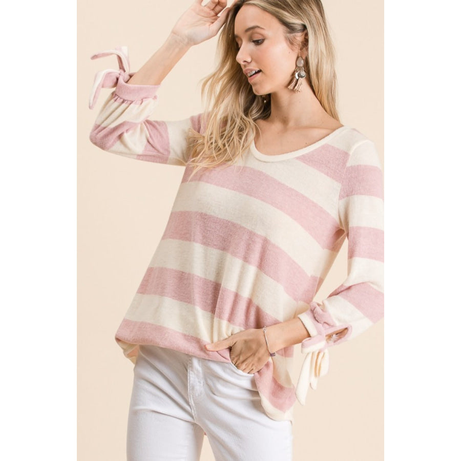 Reborn J Ribbon Cuff Contrast Striped Hacci Top Mauve / S Apparel and Accessories